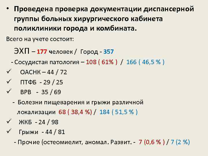  • Проведена проверка документации диспансерной группы больных хирургического кабинета поликлиники города и комбината.