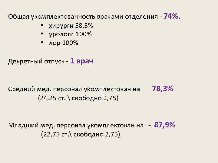 Общая укомплектованность врачами отделения - 74%. • хирурги 58, 5% • урологи 100% •