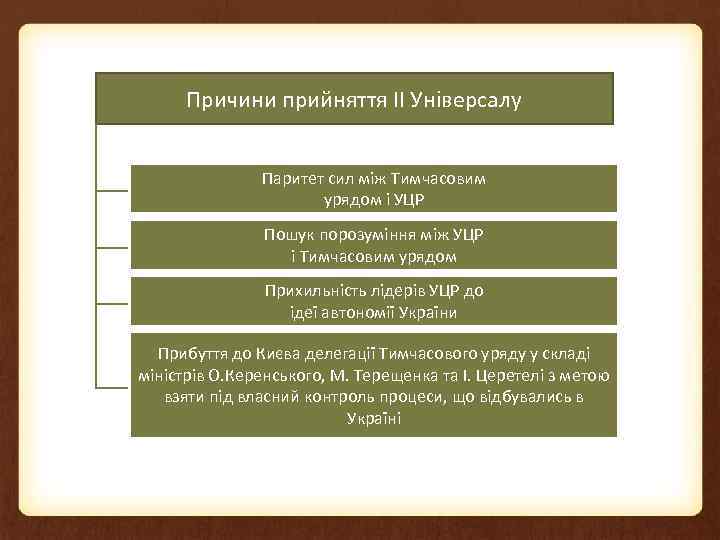Причини прийняття ІІ Універсалу Паритет сил між Тимчасовим урядом і УЦР Пошук порозуміння між