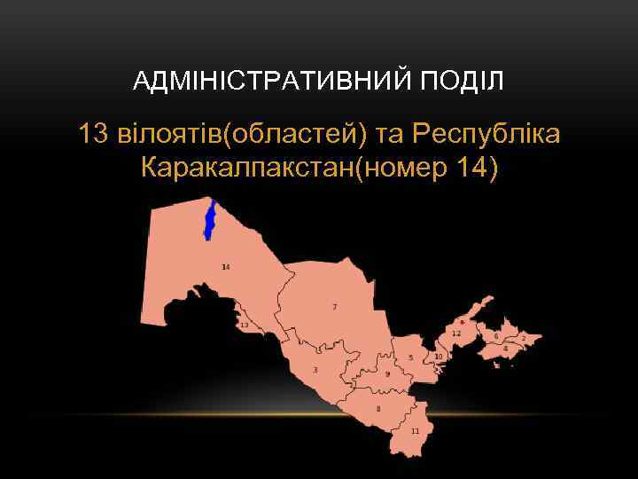 АДМІНІСТРАТИВНИЙ ПОДІЛ 13 вілоятів(областей) та Республіка Каракалпакстан(номер 14) 