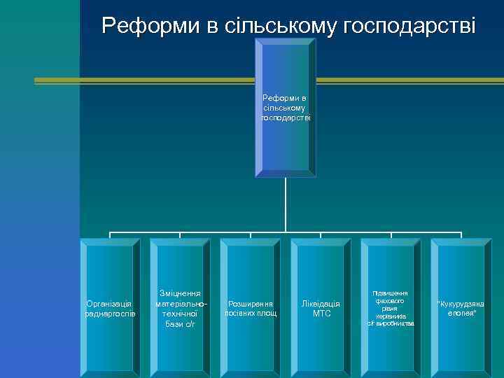 Реформи в сільському господарстві Реформи в сільському господарстві Організація раднаргоспів Зміцнення матеріальнотехнічної бази с/г