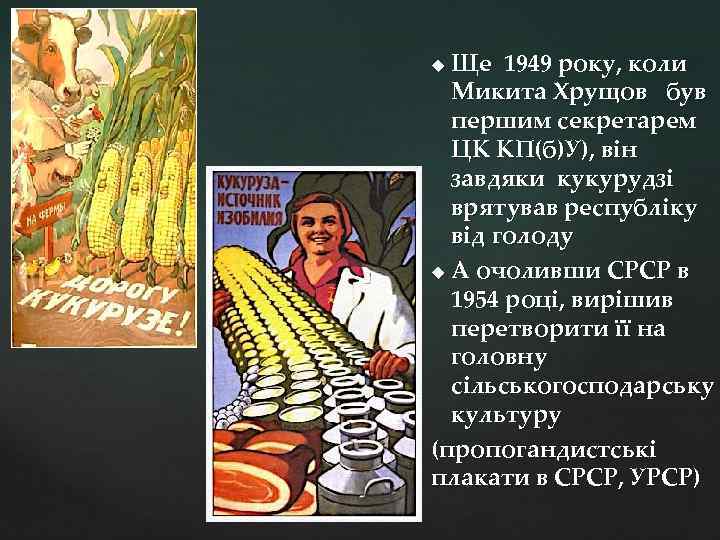 Ще 1949 року, коли Микита Хрущов був першим секретарем ЦК КП(б)У), він завдяки кукурудзі