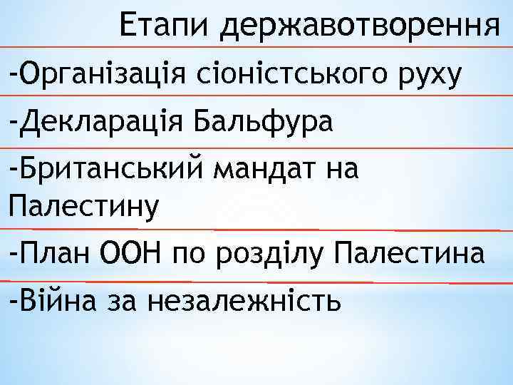 Етапи державотворення -Організація сіоністського руху -Декларація Бальфура -Британський мандат на Палестину -План ООН по