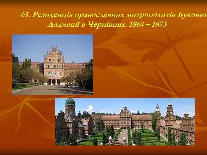 65. Резиденція православних митрополитів Буковин Далмації в Чернівцях. 1864 – 1873. 