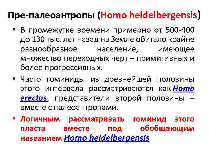 Пре-палеоантропы (Homo heidelbergensis) • В промежутке времени примерно от 500 -400 до 130 тыс.