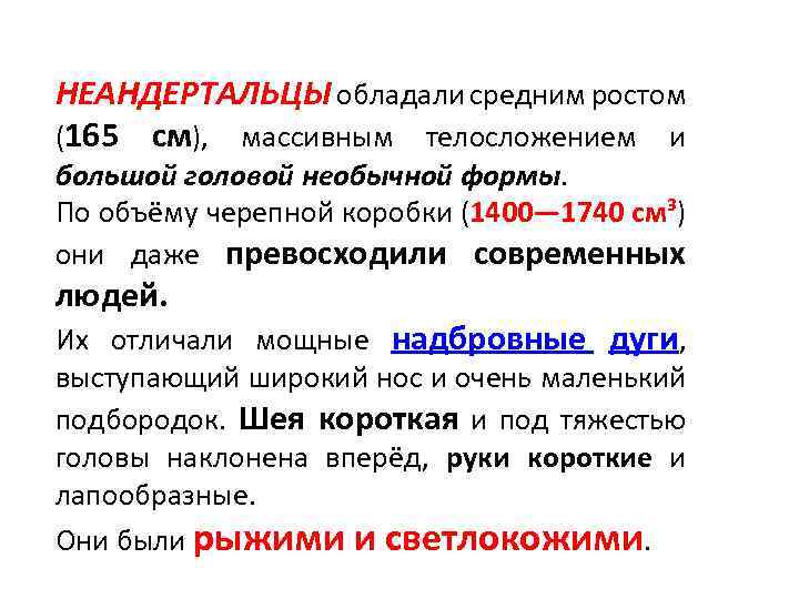 НЕАНДЕРТАЛЬЦЫ обладали средним ростом (165 см), массивным телосложением и большой головой необычной формы. По