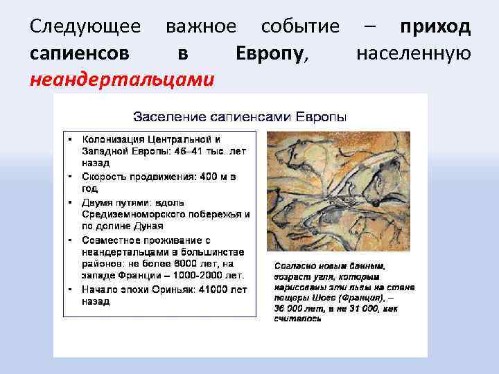 Следующее важное событие – приход сапиенсов в Европу, населенную неандертальцами 
