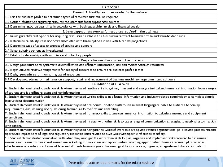 UNIT SCOPE Element 1. Identify resources needed in the business. 1. 1 Use the