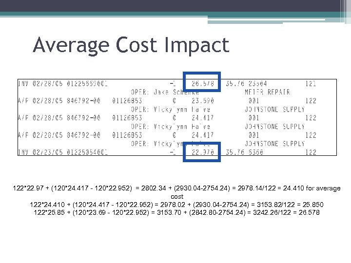 Average Cost Impact 122*22. 97 + (120*24. 417 - 120*22. 952) = 2802. 34