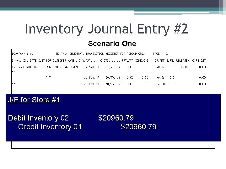 Inventory Journal Entry #2 Scenario One J/E for Store #1 Debit Inventory 02 Credit