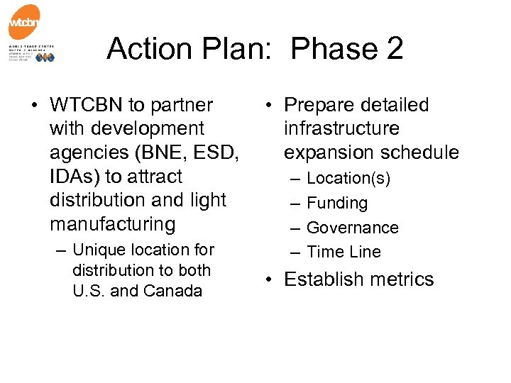 Action Plan: Phase 2 • WTCBN to partner with development agencies (BNE, ESD, IDAs)