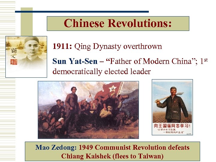 Chinese Revolutions: 1911: Qing Dynasty overthrown Sun Yat-Sen – “Father of Modern China”; 1