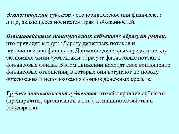  Экономический субъект это юридическое или физическое лицо, являющееся носителем прав и обязанностей. Взаимодействие