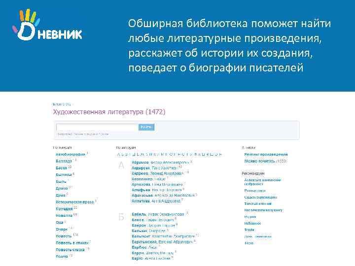 Обширная библиотека поможет найти любые литературные произведения, расскажет об истории их создания, поведает о