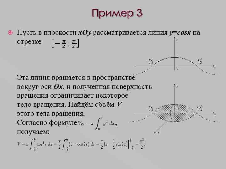 Пример 3 Пусть в плоскости x. Oy рассматривается линия y=cosx на отрезке . Эта