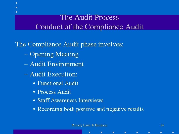 The Audit Process Conduct of the Compliance Audit The Compliance Audit phase involves: –