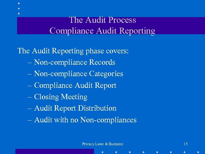 The Audit Process Compliance Audit Reporting The Audit Reporting phase covers: – Non-compliance Records
