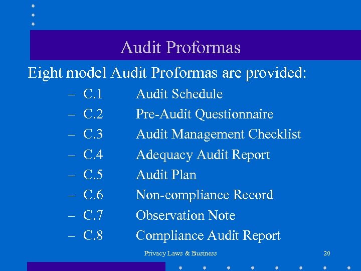 Audit Proformas Eight model Audit Proformas are provided: – – – – C. 1