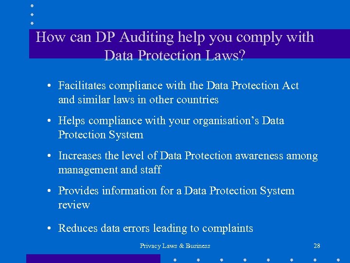 How can DP Auditing help you comply with Data Protection Laws? • Facilitates compliance