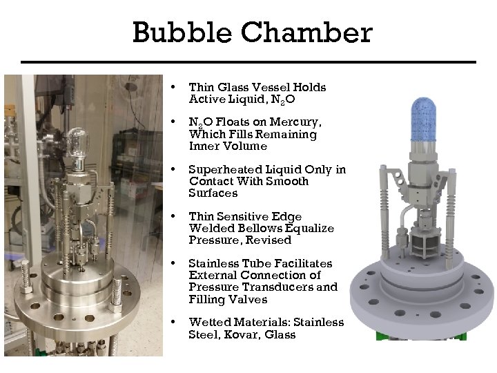 Bubble Chamber • Thin Glass Vessel Holds Active Liquid, N 2 O • N