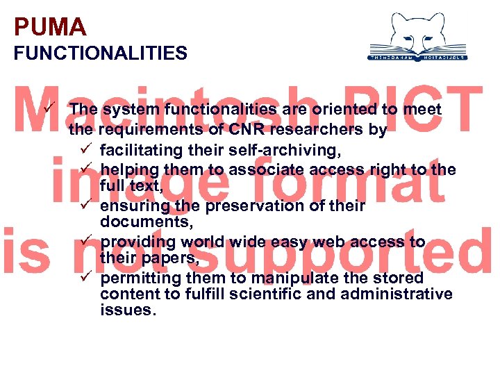 PUMA FUNCTIONALITIES ü The system functionalities are oriented to meet the requirements of CNR