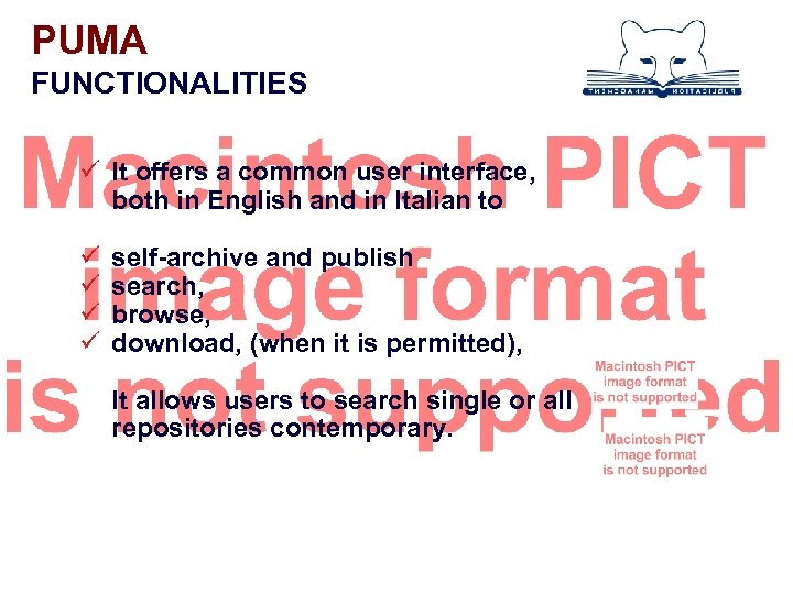 PUMA FUNCTIONALITIES ü It offers a common user interface, both in English and in