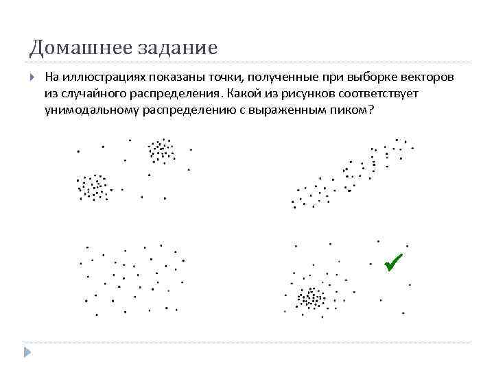 Домашнее задание На иллюстрациях показаны точки, полученные при выборке векторов из случайного распределения. Какой