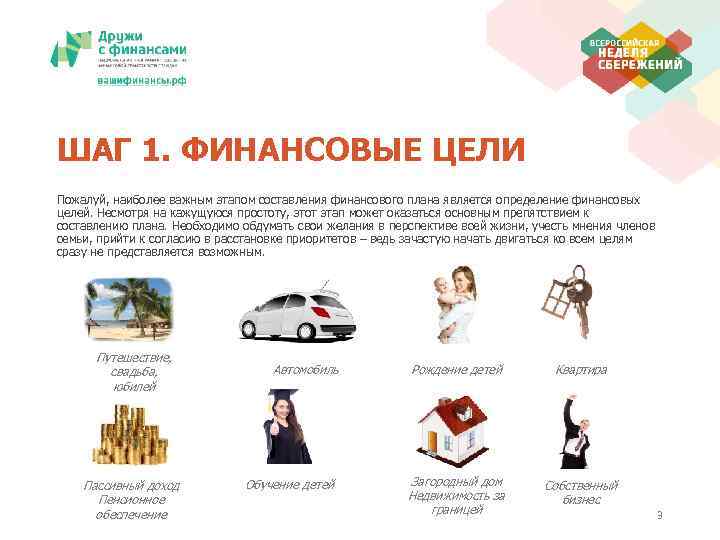 ШАГ 1. ФИНАНСОВЫЕ ЦЕЛИ Пожалуй, наиболее важным этапом составления финансового плана является определение финансовых