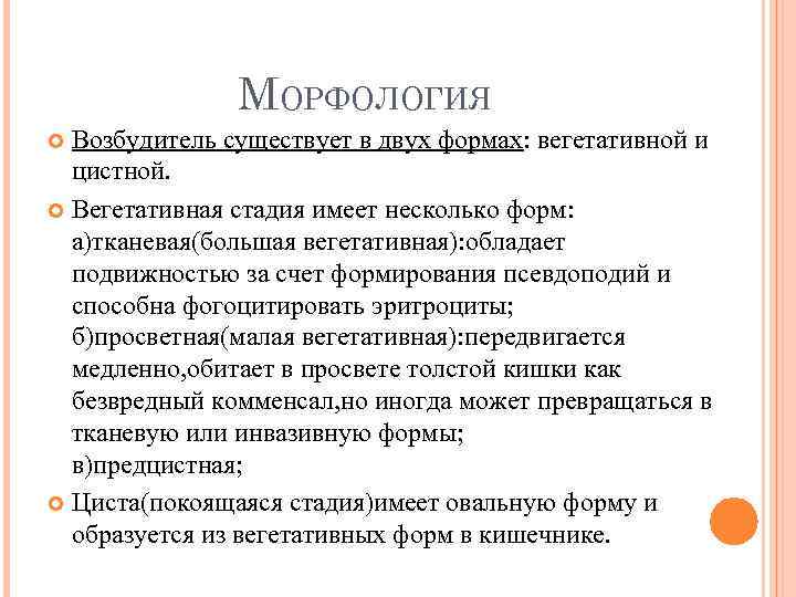 МОРФОЛОГИЯ Возбудитель существует в двух формах: вегетативной и цистной. Вегетативная стадия имеет несколько форм: