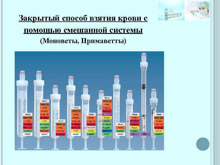 Закрытый способ взятия крови с помощью смешанной системы (Моноветы, Примаветты) 