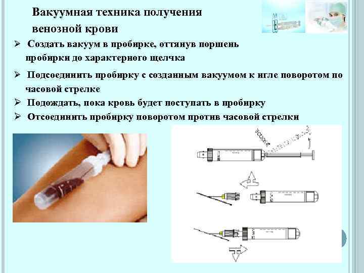 Вакуумная техника получения венозной крови Ø Создать вакуум в пробирке, оттянув поршень пробирки до