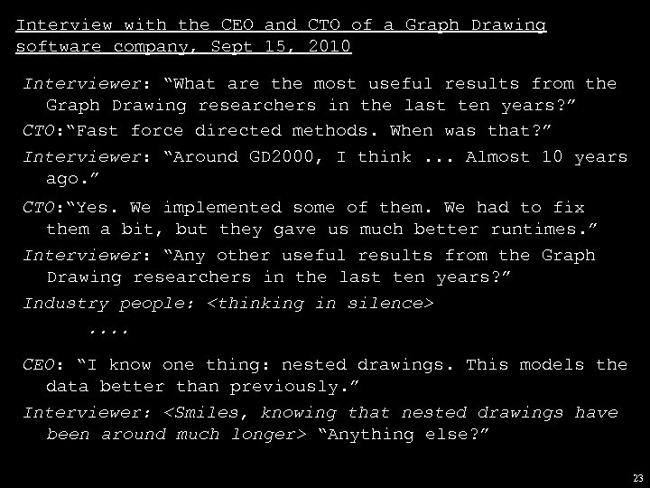 Interview with the CEO and CTO of a Graph Drawing software company, Sept 15,