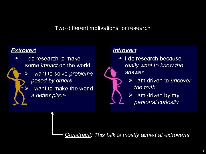 Two different motivations for research Extrovert w I do research to make some impact