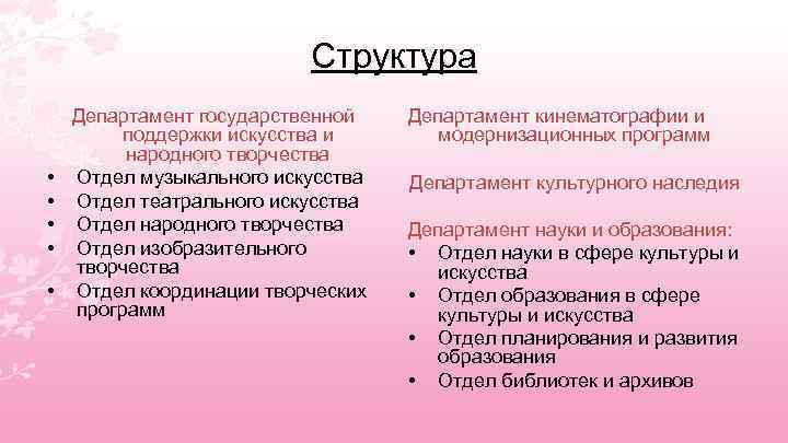 Структура • • • Департамент государственной поддержки искусства и народного творчества Отдел музыкального искусства
