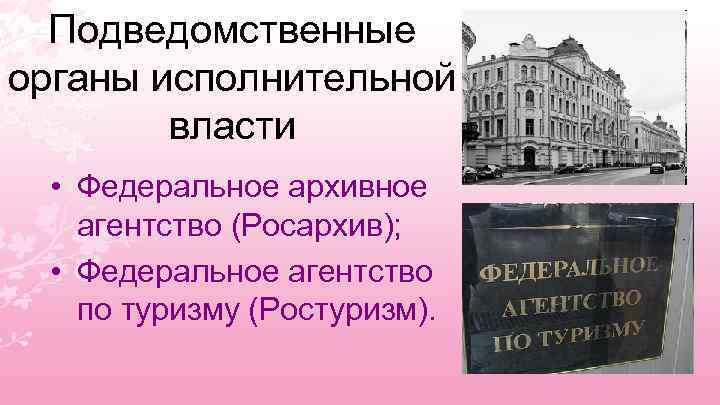 Подведомственные органы исполнительной власти • Федеральное архивное агентство (Росархив); • Федеральное агентство по туризму