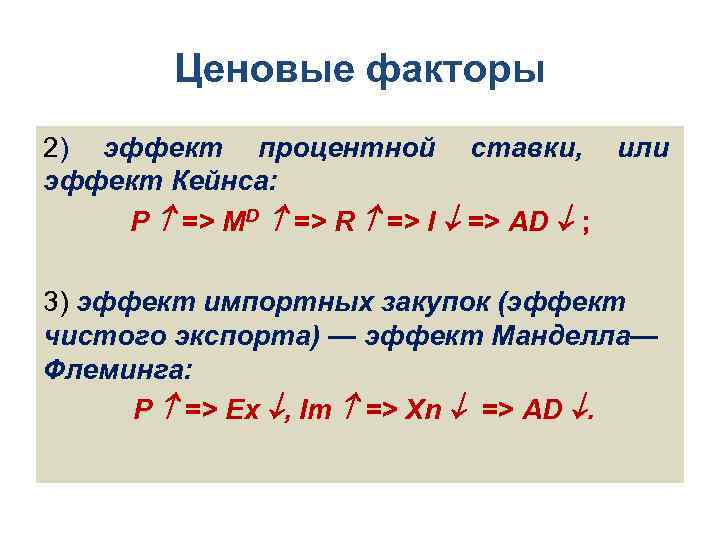 Ценовые факторы 2) эффект процентной ставки, или эффект Кейнса: Р => MD => R