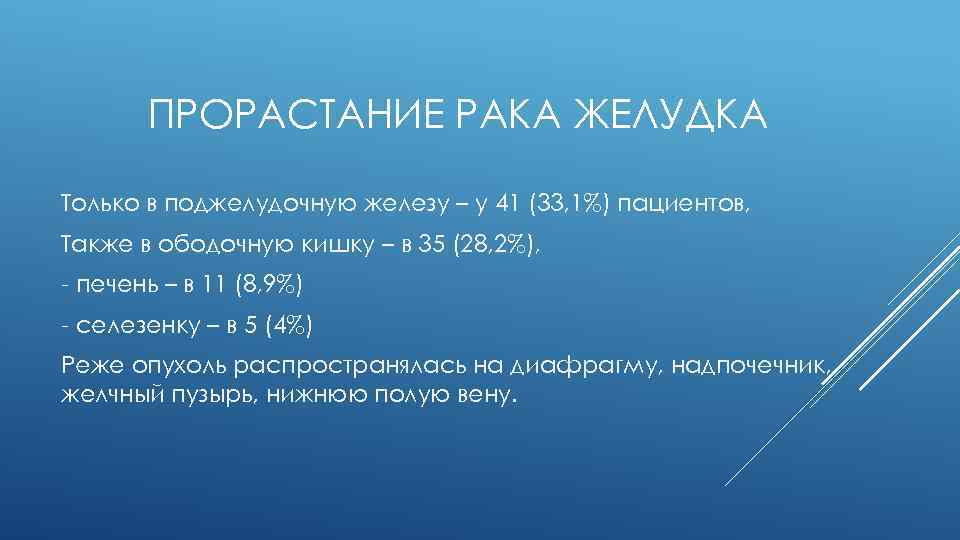 ПРОРАСТАНИЕ РАКА ЖЕЛУДКА Только в поджелудочную железу – у 41 (33, 1%) пациентов, Также