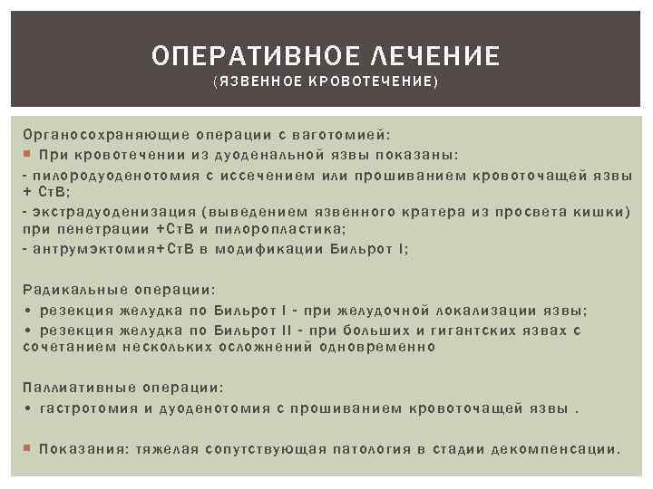 ОПЕРАТИВНОЕ ЛЕЧЕНИЕ (ЯЗВЕННОЕ КРОВОТЕЧЕНИЕ) Органосохраняющие операции с ваготомией: При кровотечении из дуоденальной язвы показаны: