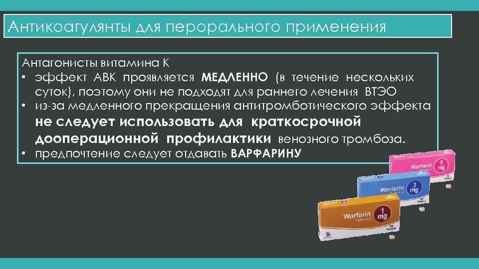 Антикоагулянты для перорального применения Антагонисты витамина К • эффект АВК проявляется МЕДЛЕННО (в течение