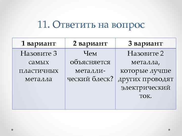 11. Ответить на вопрос 1 вариант Назовите 3 самых пластичных металла 2 вариант 3