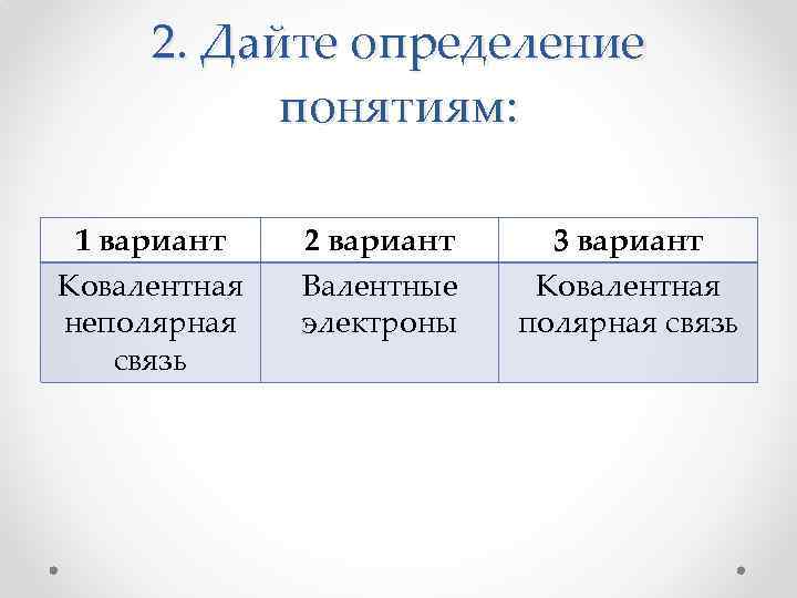 2. Дайте определение понятиям: 1 вариант Ковалентная неполярная связь 2 вариант Валентные электроны 3