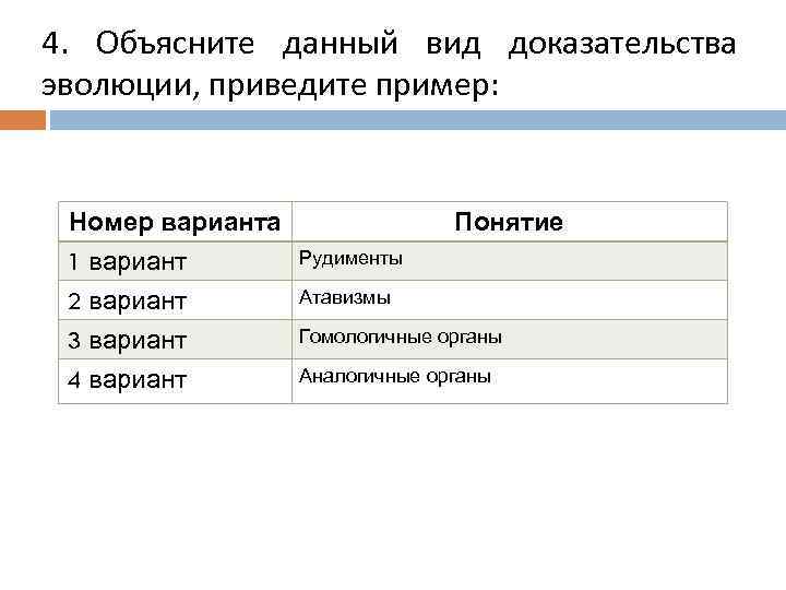 4. Объясните данный вид доказательства эволюции, приведите пример: Номер варианта 1 вариант 2 вариант
