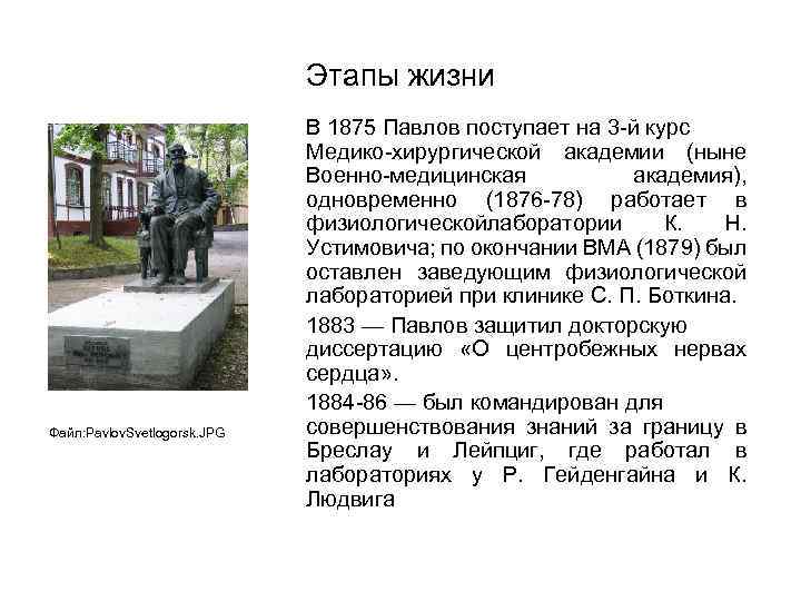 Этапы жизни Файл: Pavlov. Svetlogorsk. JPG В 1875 Павлов поступает на 3 -й курс