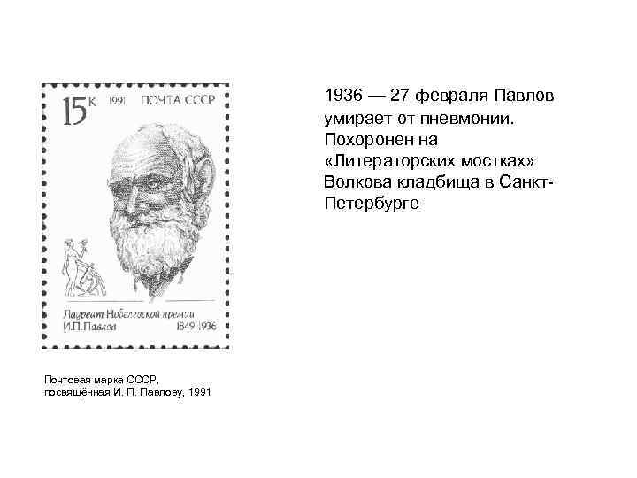 1936 — 27 февраля Павлов умирает от пневмонии. Похоронен на «Литераторских мостках» Волкова кладбища