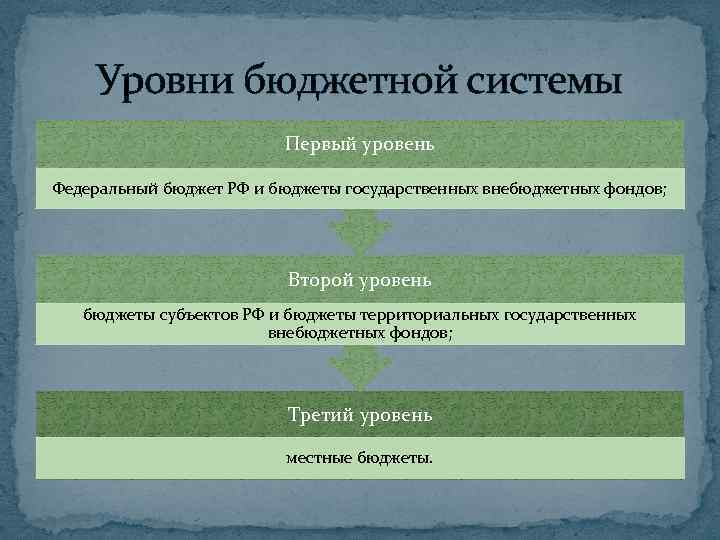 Уровни бюджетной системы Первый уровень Федеральный бюджет РФ и бюджеты государственных внебюджетных фондов; Второй