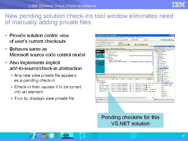 IBM Software Group | Rational software New pending solution check-ins tool window eliminates need