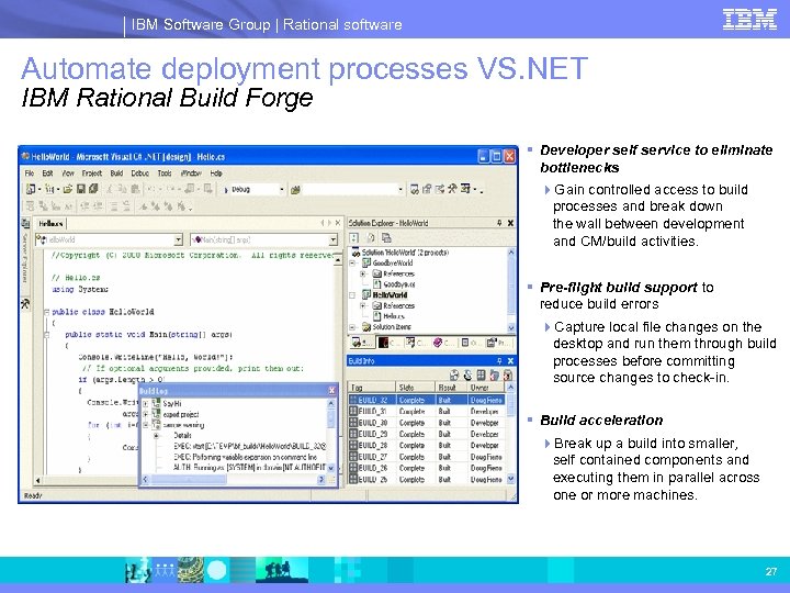 IBM Software Group | Rational software Automate deployment processes VS. NET IBM Rational Build