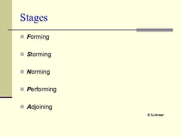 Stages n Forming n Storming n Norming n Performing n Adjoining B. Tuckman 