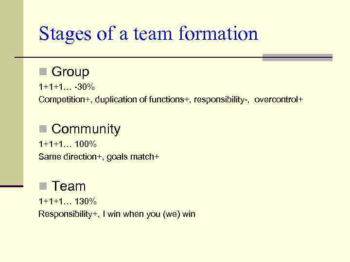Stages of a team formation n Group 1+1+1… -30% Competition+, duplication of functions+, responsibility-,