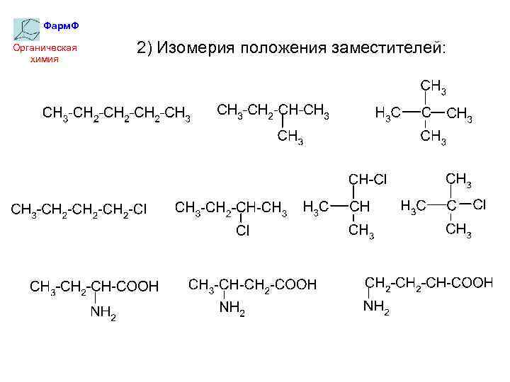 Фарм. Ф Органическая химия 2) Изомерия положения заместителей: 